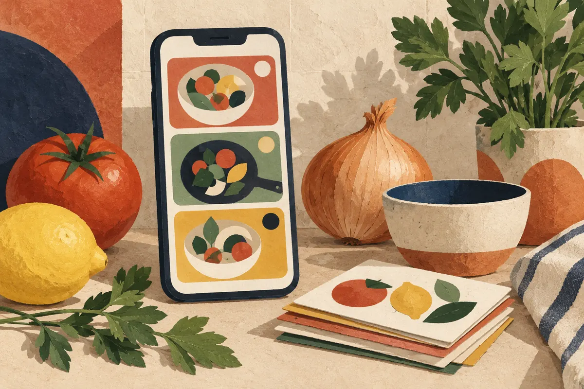 Illustration of a phone with organized recipe cards beside ingredients and recipe notes.