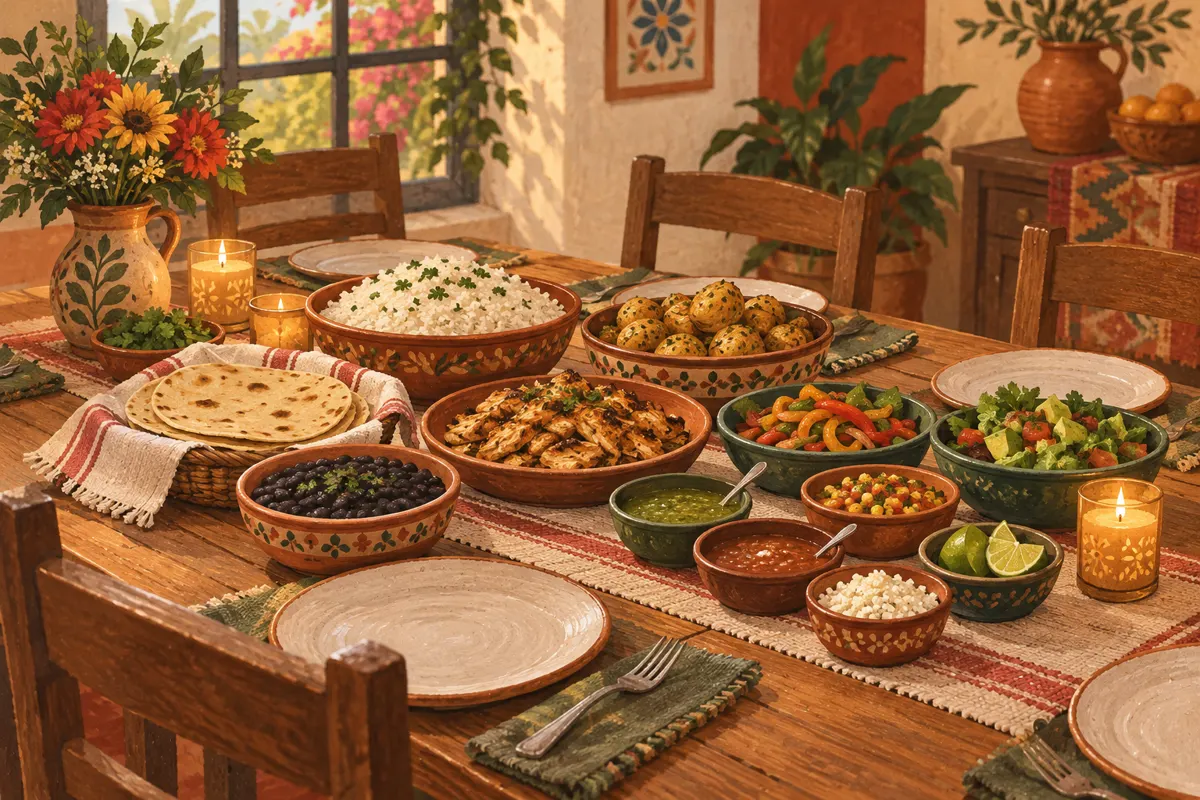 Illustrated dinner table with separate bases, proteins, vegetables and toppings for assembling individual meals.