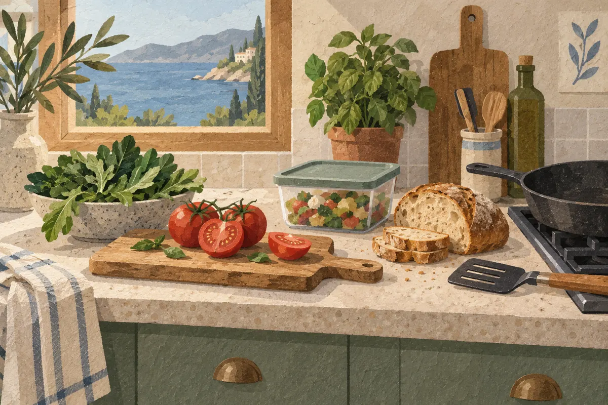 Illustrated compact kitchen counter with a small cooking kit and ingredients for simple meals.